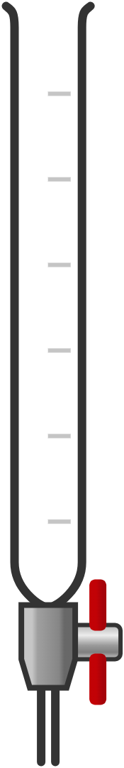 Diagram of a burette, a long cylindrical piece of lab equipment used to dispense precise volumes of liquid, featuring graduation marks and a stopcock at the bottom.