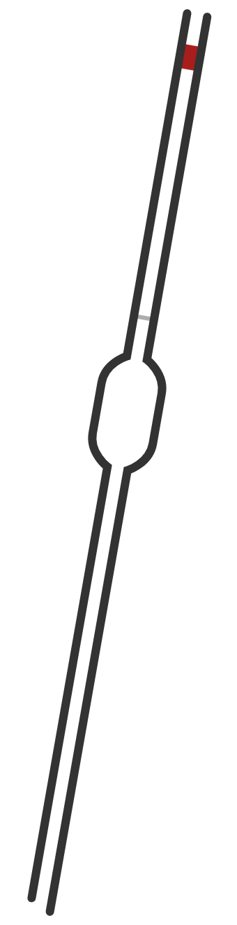 Diagram of a glass pipette, used to measure and transfer small volumes of liquid accurately in laboratory experiments.