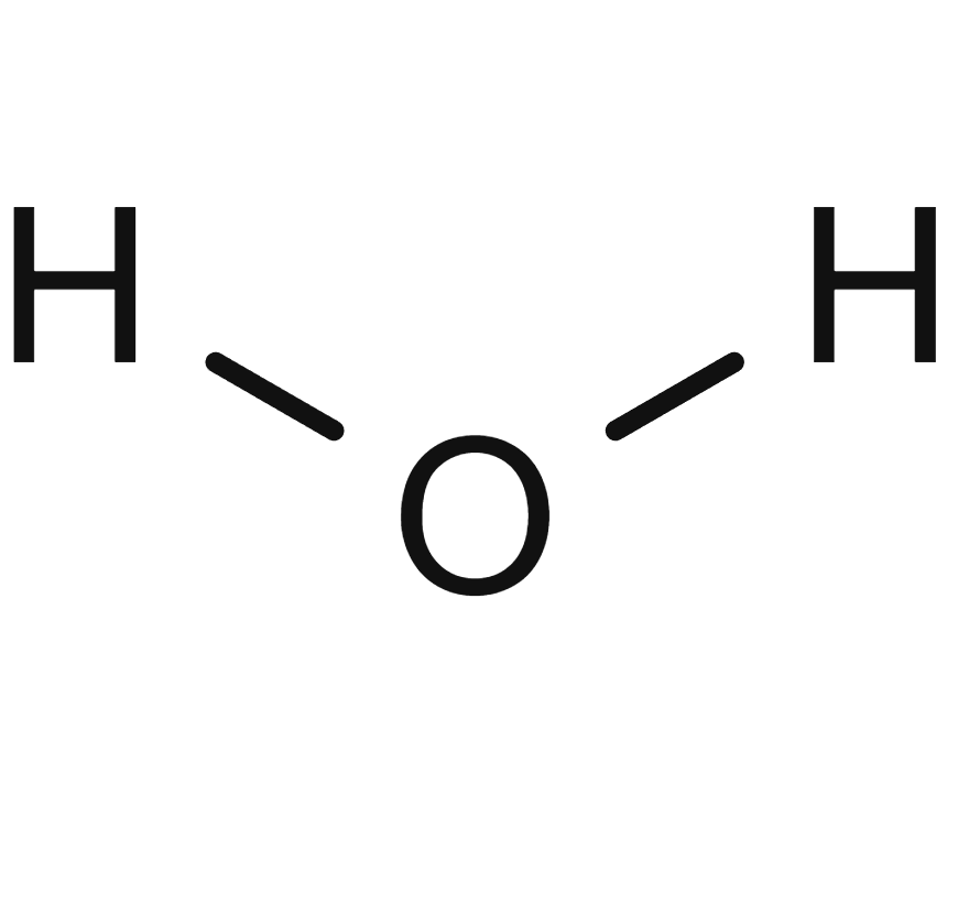 Structural formula of water, showing one oxygen atom bonded to two hydrogen atoms (H₂O).